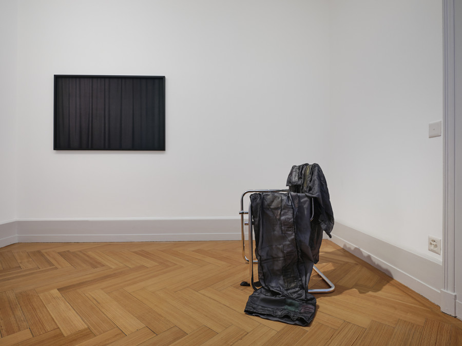Exhibition View, ‘Stitches: A Haunted House and Other Ghost Stories’ at the Villa Bernasconi, 2026 / Photo by Nicolas Delaroche Studio. From left to right and front to back: Nina Rieben, Selective news, 2026, pigment prints on Hahnemühle paper, 2 pieces. Nina Rieben, Dreamadministration (Dauerentwurf), 2026, textile, handwriting on paper, to-do lists, threads, pins, chair frame