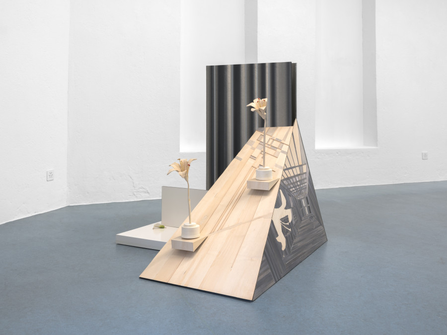 Anna Christen, Shelf Life, 2026, Wood, wallpaper, straw, varnish, paper, adhesive film, found object, 110 × 118 × 120 cm. Photo credits: Julian Blum