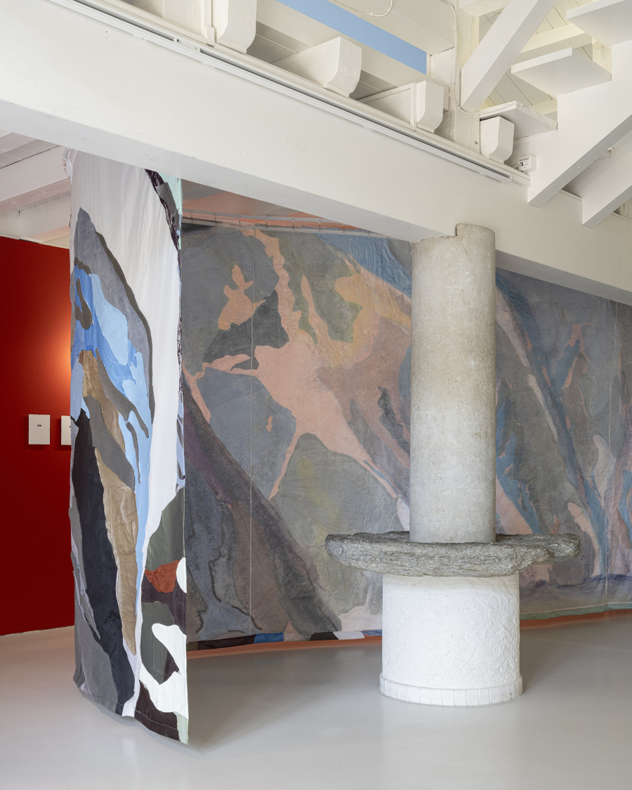 Jessica Decorvet, Paysage impossible, Exhibition view, 2026, Ferme de la Chapelle. © Photo by Dylan Perrenoud. Paysage impossible, 2026, fabrics glued onto printed spinnaker cloth.