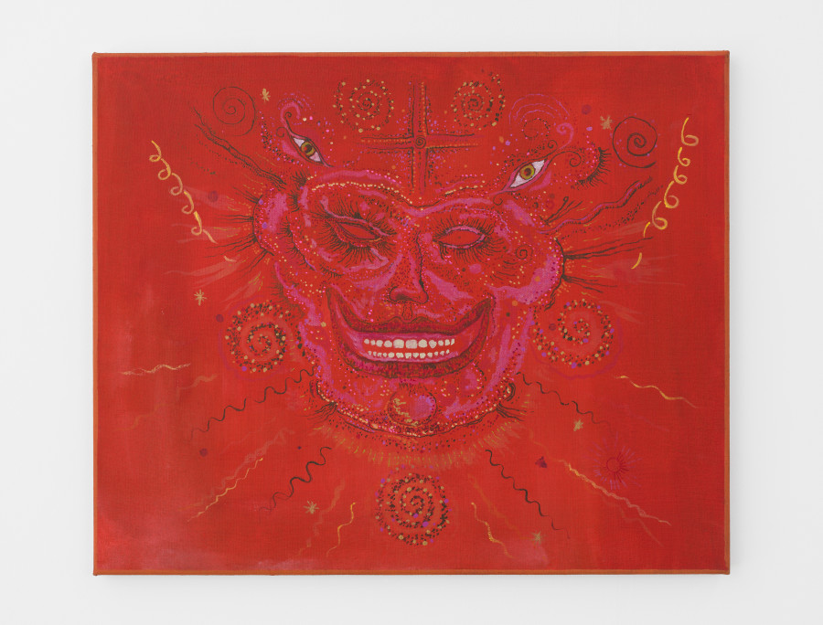 Abel Auer, Rote Maske, Acryl and Oil on Canvas, 45 × 55 cm, 2021 / Photo: Cedric Mussano / Courtesy: the artists and Kirchgasse Gallery