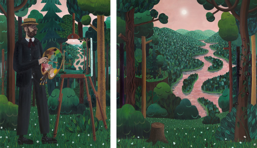 Ben Sledsens, The Landscape Painter, 2018. Öl, Acryl und Sprayfarbe auf Leinwand, zweiteilig, 200 x 150 cm und 200 x 190 cm, Tim Van Laere Gallery, Antwerpen