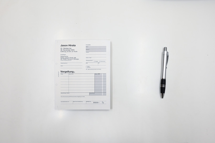 Jason Hirata, "Vergeltungs-Rechnung (reverse invoice)," 2025, Jason Hirata, "Vergeltung" at Kaiserwache, Freiburg im Breisgau, 2025. Courtesy: the Artist and Kaiserwache. Photo: Stefan Lux