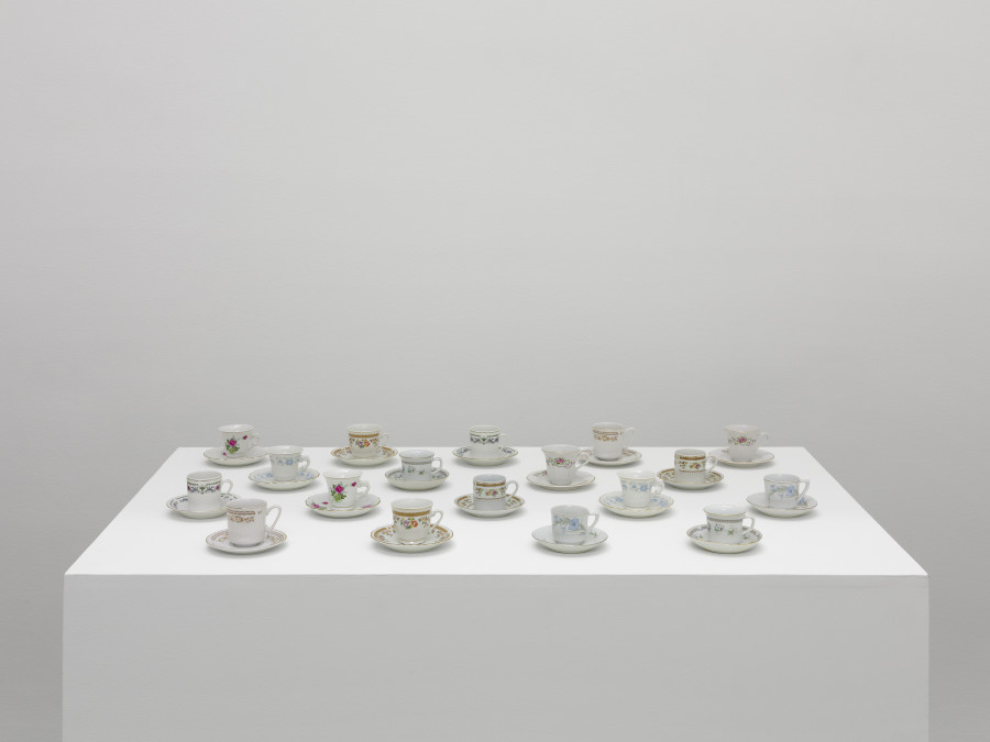 Hans-Peter Feldmann, Mokkatassen, 1990s, 18 different ceramic mocha cups, 18 ceramic saucers, variable dimensions, each approx. 12 x 12 x 6 cm