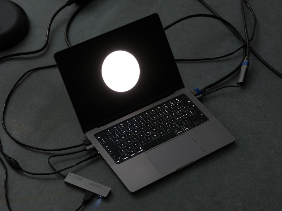 Daria Blum, HOME SCREEN, detail, 2026, Programmed video, sound and light script, 20 IKEA TÅGARP lamps, 3 BOTEX DMX-Switchpacks, disco ball, loop, Dimensions variable. Photo credits: Julian Blum