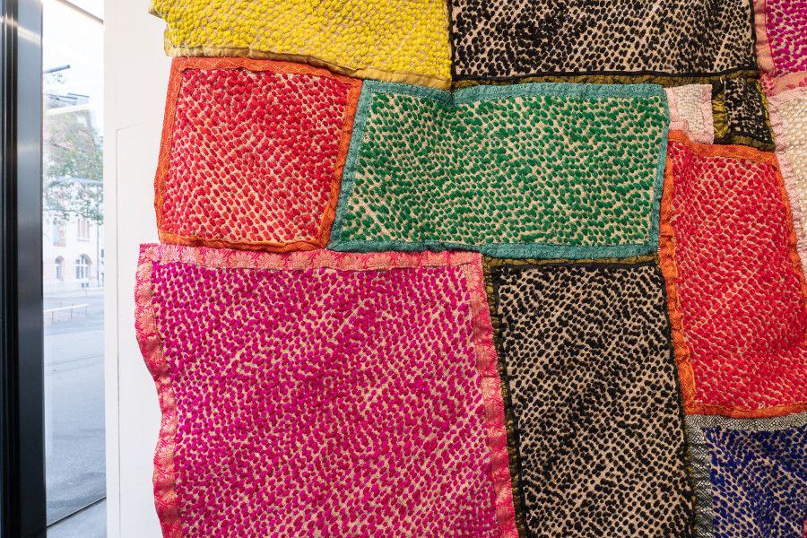 Ashfika Rahman, Redeem (Natore) (detail), 2021. Stitching on ‘Burlap’ (a local handmade fabric made by the indigenous community Natore) with recycled Saree and Dhoti. 233 x 173 x 12 cm. Unique.