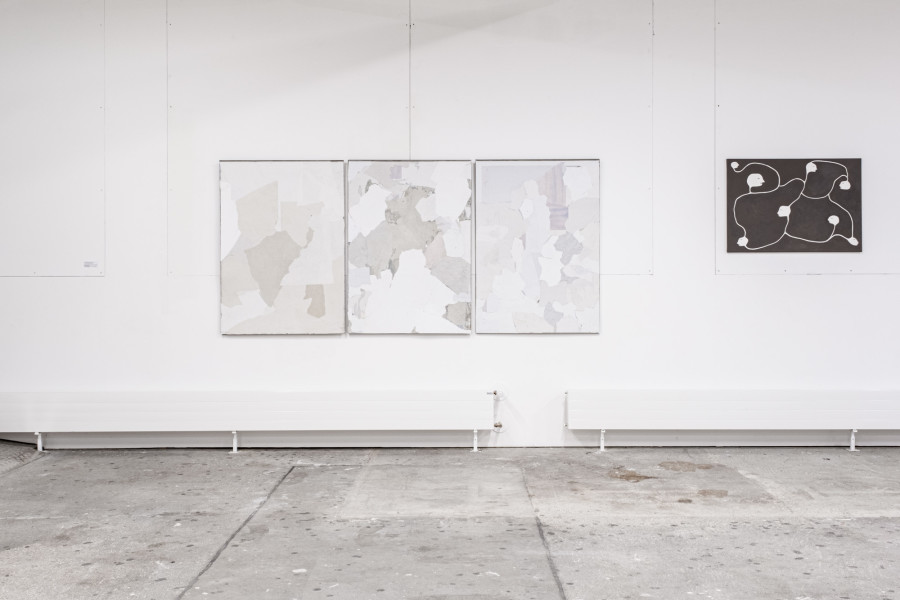 Exhibition View Group Show «Zahltag; view on Yvan Alvarez, Untitled (blank billboards), 2024, billboards from public spaces, fragments of posters, 130 x 280 cm (triptych); Augustin Rebetez, Untitled, 2022, acrylic on canvas, 70 x 100 cm» at Le Commun, Geneva, 2024 / Photo: Daniel Leal / Courtesy: Spielact Festival
