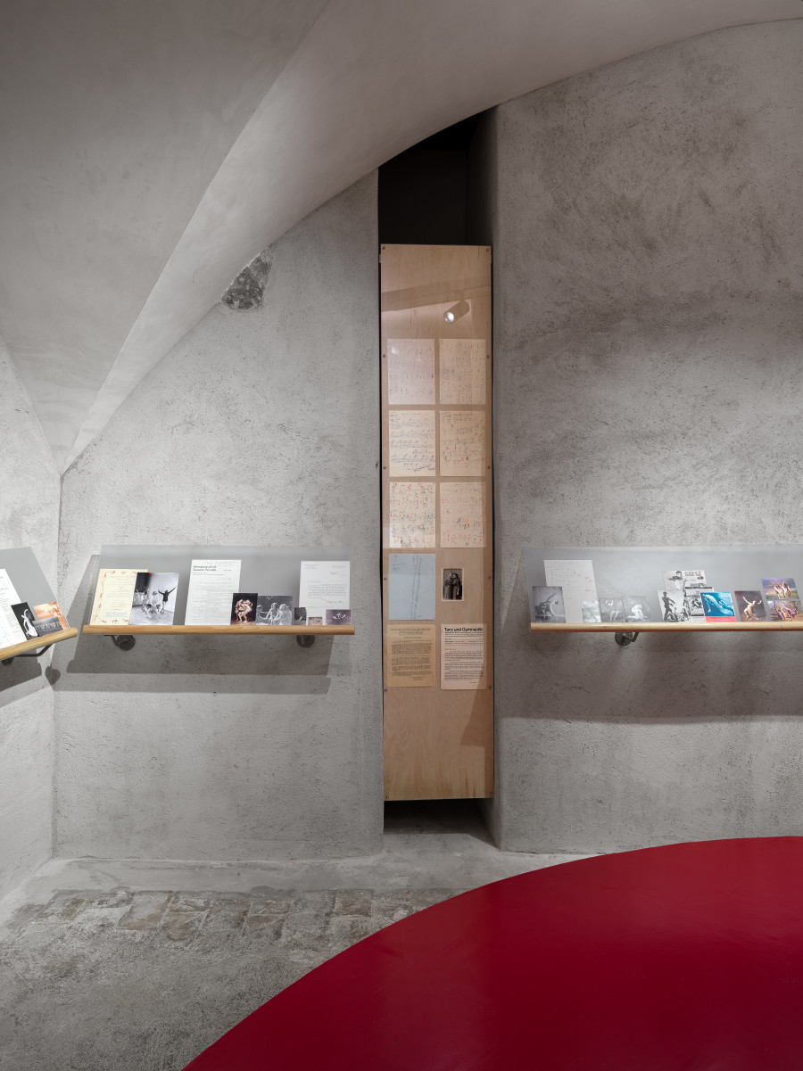 Exhibition view “Suzanne Perrottet. After Dada, After Dance,” Cabaret Voltaire 2025; ballet-barre presentation with facsimiles from Kunsthaus Zürich, the SAPA Foundation, and the Archivio di Stato Bellinzona (Estate Harald Szeemann). Photo: Cedric Mussano. Courtesy: Suzanne Perrottet, Walter Schwabe / Fotostiftung Schweiz, Luise Schwabe / ProLitteris, Niklaus Stauss, Johann Adam Meisenbach, Tarren Johnson & Joel Cocks, Elaine Mitchener, New Kyd, Thibault Lac.