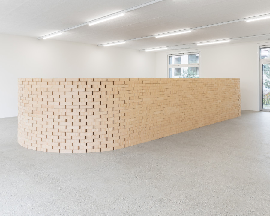 Exhibition view « BAZM »; Shirin Yousefi, BAZM (wall), 2024, 2400 bricks cellar floor, 5.1 home cinema, DVD player, dimensions variable, CALM – Centre d’Art La Meute, Lausanne, Switzerland, 2024 / Photo: Théo Dufloo / Courtesy of the artist and CALM – Centre d’Art La Meute.