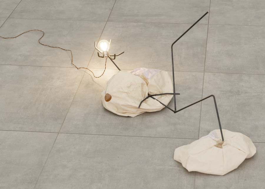 Karolin Braegger, One Skin Too Few, 2022, lightbulb, textile, steel, wire, electricity — Picture © Simon Rimaz