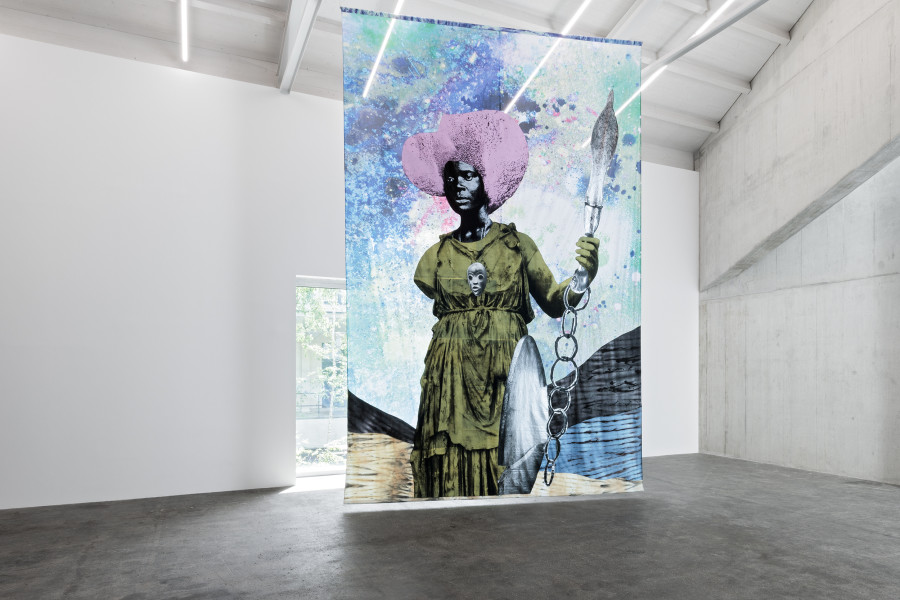 Raphaël Barontini, Marthe Rose, 2026. Courtesy of the artist and Mariane Ibrahim Gallery. Ausstellungsansicht / Installation view Kunsthaus Baselland 2026. Foto / Photo: Gina Folly / Kunsthaus Baselland © 2026, ProLitteris Zurich