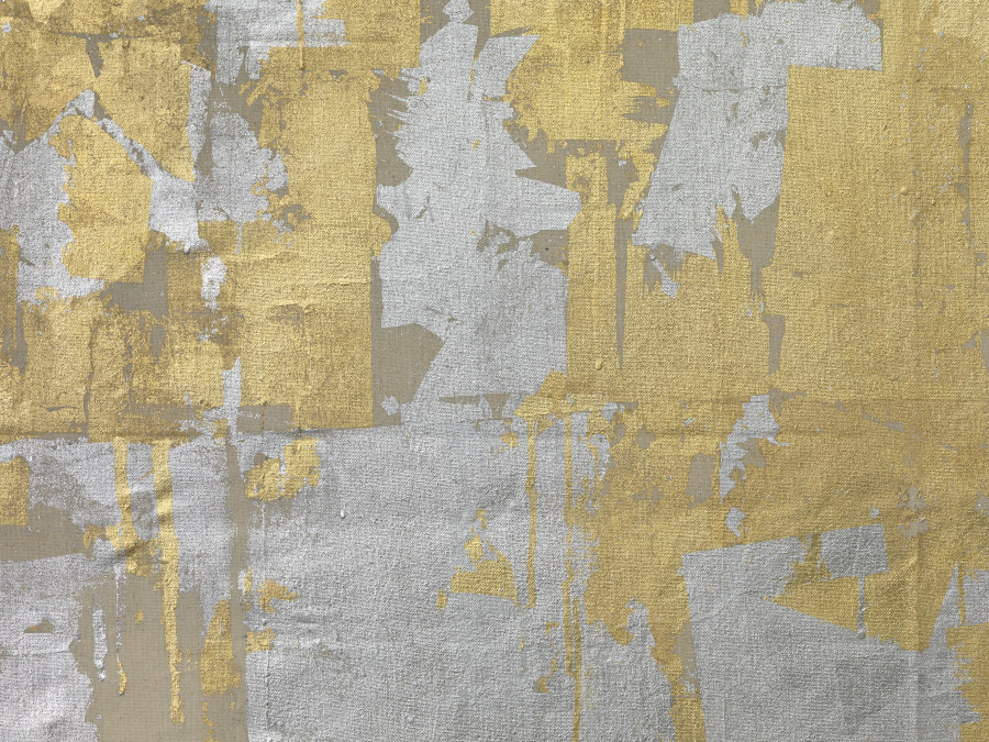 Rochelle Feinstein, Plein Air VII, 2021. Gold, aluminum leaf on dropcloth, 274.32 × 335.28 cm ( 108 x 132 inches ), FEINS112167