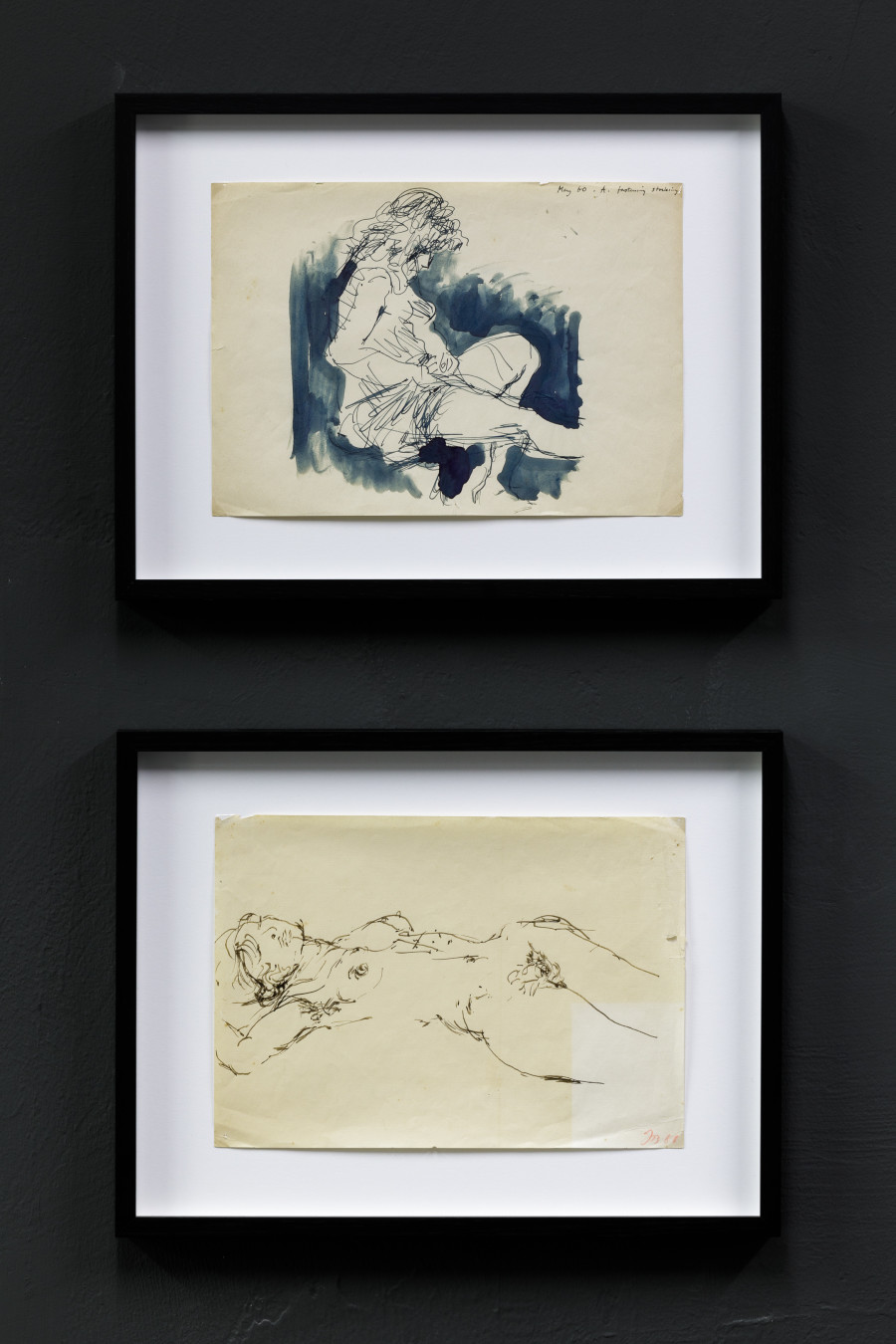 (top) John Berger, A. fastening stocking, 1956, ink on paper, 21 x 29.7 cm (bottom) John Berger, Femme nue allongée, n.d., ink on paper, 21 x 29.5 cm Photo: Kilian Bannwart