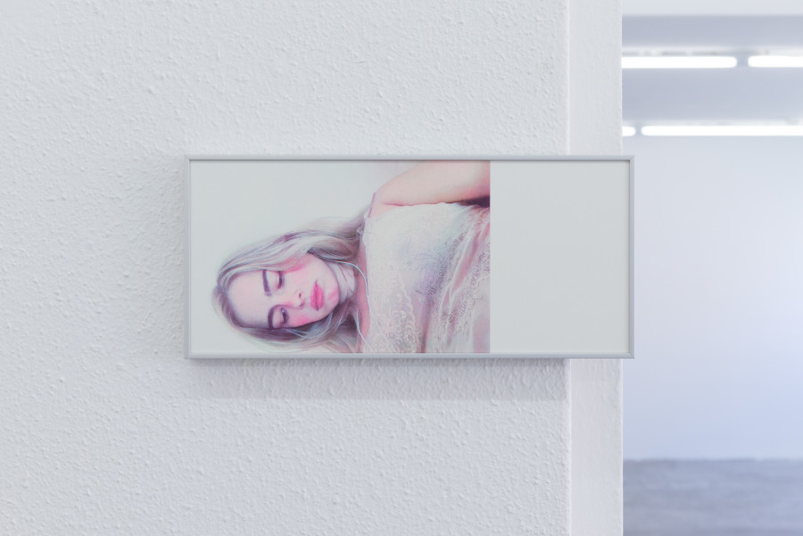 Exhibition view, Moniker, HAMLET, Zürich, 2025. Gaia Del Santo, Addison Rae (after Addison Rae), 1-7, 2025, 7 Risograph prints on Lessebo 240g (10+ 1 AP), 17 x 38 cm