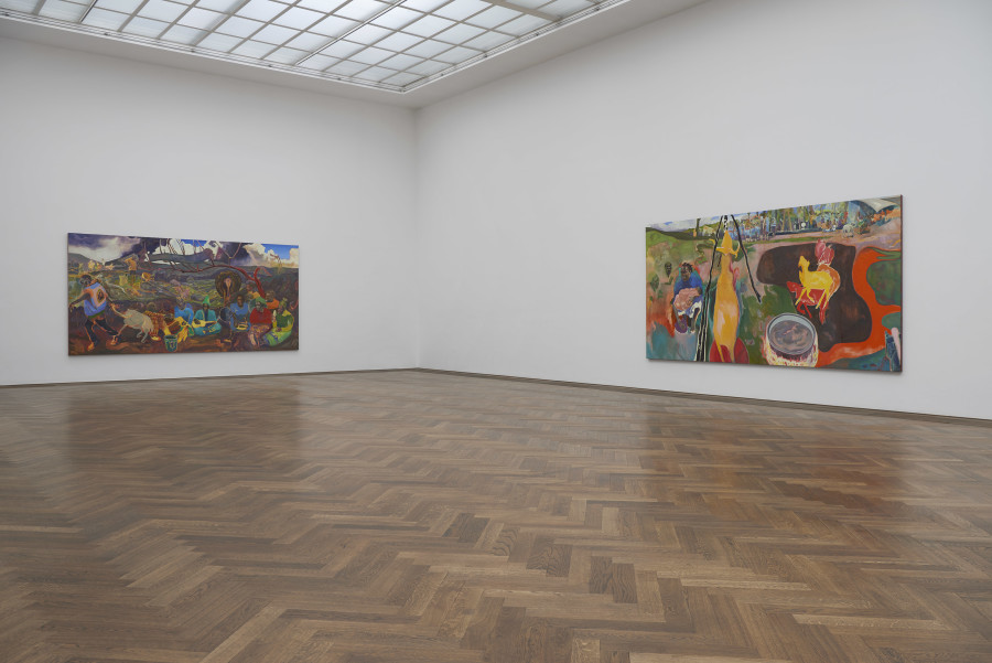 Installation view, Michael Armitage, You, Who Are Still Alive, Kunsthalle Basel, 2022, view (f. l. t. r.) on, Dandora (Xala, Musicians), 2022, and, Amongst the Living, 2022. Photo: Philipp Hänger / Kunsthalle Basel. All works, unless otherwise mentioned, courtesy of the artist and White Cube. Cave, 2021, Courtesy of the artist and Pinault Collection