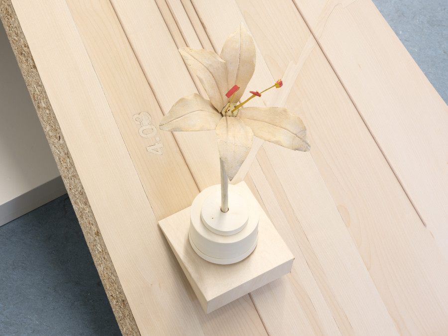 Anna Christen, Shelf Life, detail, 2026, Wood, wallpaper, straw, varnish, paper, adhesive film, found object, 110 × 118 × 120 cm. Photo credits: Julian Blum