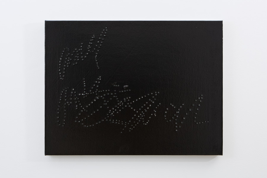 Valentina Vaccarella, Aguirre, the Wrath of God, 2026. Enamel, black obsidian and holes on canvas. 48 × 63.5 cm. Photo credit: Philipp Rupp