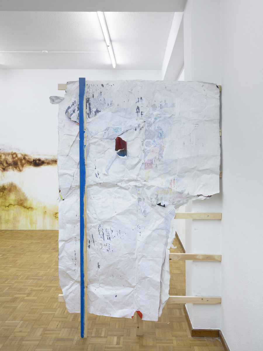 Amina Ross, Hold (6), 2022, Found paper advertisements, wheat paste, rainwater, screws, wood, acrylic latex paint, 200 x 120 x 10cm. Picture credit: Philipp Rupp/Julien Gremaud. Courtesy of the artist and Sentiment