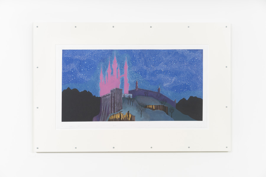 Julian Irlinger, Cel animation background (castle/hill/stars/night), 2024, Gouache and ink on paper, artist frame, 76 × 116 cm (framed). Damien & The Love Guru, 2024. Courtesy of the artist and Damien & The Love Guru, Brussels/Zürich. Photo: Claude Barrault