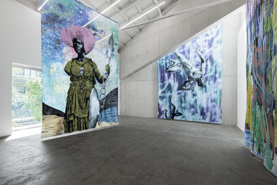 Raphaël Barontini, Marthe Rose, 2026; The Abyss, 2023; The Maroon, 2023. Courtesy of the artist and Mariane Ibrahim Gallery. Ausstellungsansicht / Installation view Kunsthaus Baselland 2026. Foto / Photo: Gina Folly / Kunsthaus Baselland © 2026, ProLitteris Zurich