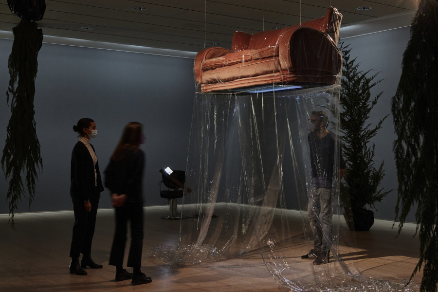 Sondra Perry. Installation view Lineage for a Phantom Zone at the Fondation Beyeler, Riehen/Basel, 2022. Multiple channel audio and video, sculptural elements, live trees, scent. © Sondra Perry; courtesy the artist and Muse, the Rolls-Royce Art Programme. Photo: Mark Niedermann