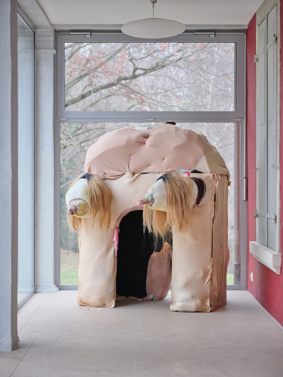Exhibition View, ‘Stitches: A Haunted House and Other Ghost Stories’ at the Villa Bernasconi, 2026 / Photo by Nicolas Delaroche Studio. Latefa Wiersch, Original Features, 2020, textile