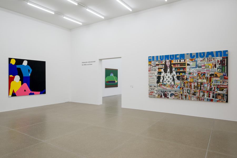 Ausstellungsansicht Miteinander nebeneinander Die 1970er und Aarau, 12.6.–6.9.2026, Aargauer Kunsthaus. Franz Gertsch, Drei Rolling Stones, 1968. Markus Müller, Bolide, 1968. Markus Kaufmann, Kiosk, 1971-72. Foto: ullmann.photography