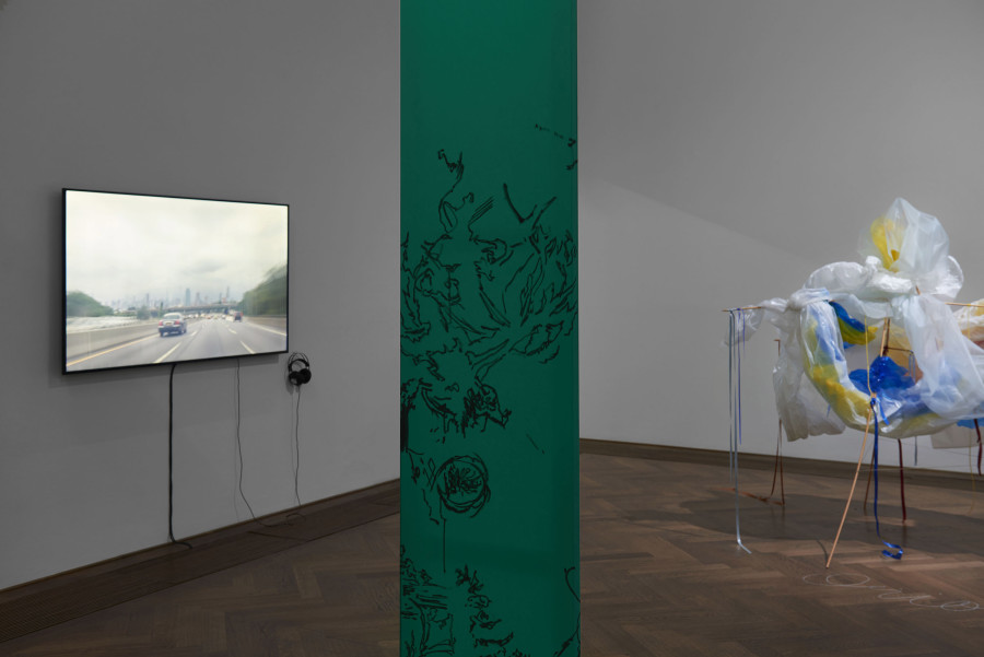 Installation view, Bizarre Silks, Private Imaginings and Narrative Facts, etc., an exhibition by Nick Mauss, view on (left) Ken Okiishi, Untitled, 2016, Kunsthalle Basel, 2020. Photo: Philipp Hänger / Kunsthalle Basel