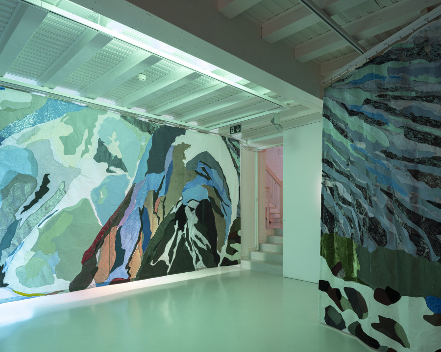 Jessica Decorvet, Paysage impossible, Exhibition view, 2026, Ferme de la Chapelle. © Photo by Dylan Perrenoud. Paysage impossible, 2026, fabrics glued onto printed spinnaker cloth.
