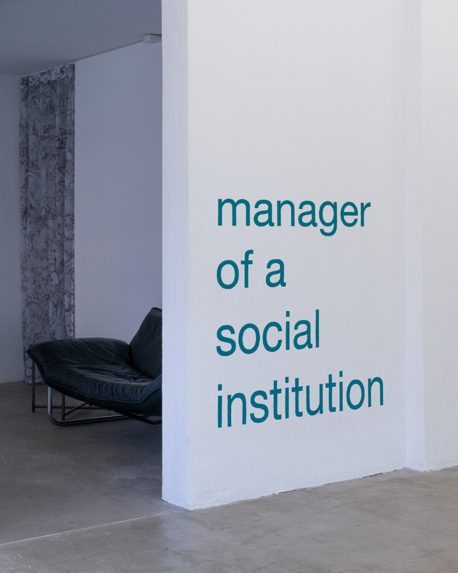 Exhibition view, Moniker, HAMLET, Zürich, 2025. Sam Cottington, Let’s get married, 2025, 1. The exhibiting artists are all asked one question: Growing up, what was your father’s job?, 2. The answers to this question will be painted onto the wall in colours taken from paint used at New York construction sites, where the artist is producing this work remotely.