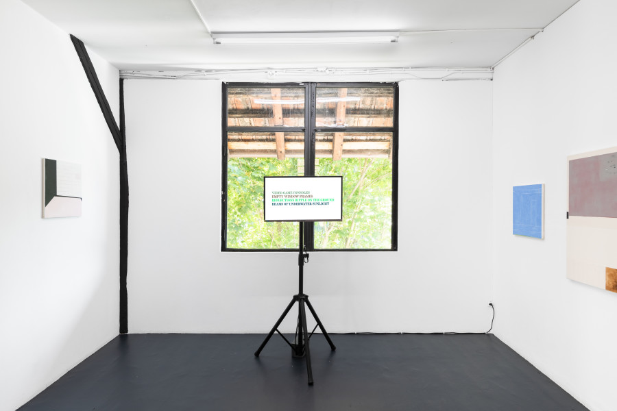 Left: Valentin Hauri, As Matters Stand, 2021, oil on canvas, 45 x 50 cm. Middle: Rhea Myers, Tokens Equal Text 10, 2019, Ethereum ERC-998 and ERC-721 tokens. Right: Valentin Hauri, Leaving, 2021, High Voices, 2020, oil on canvas, 45 x 50 cm, 90 x 100 cm. Photo: Kilian Bann-wart